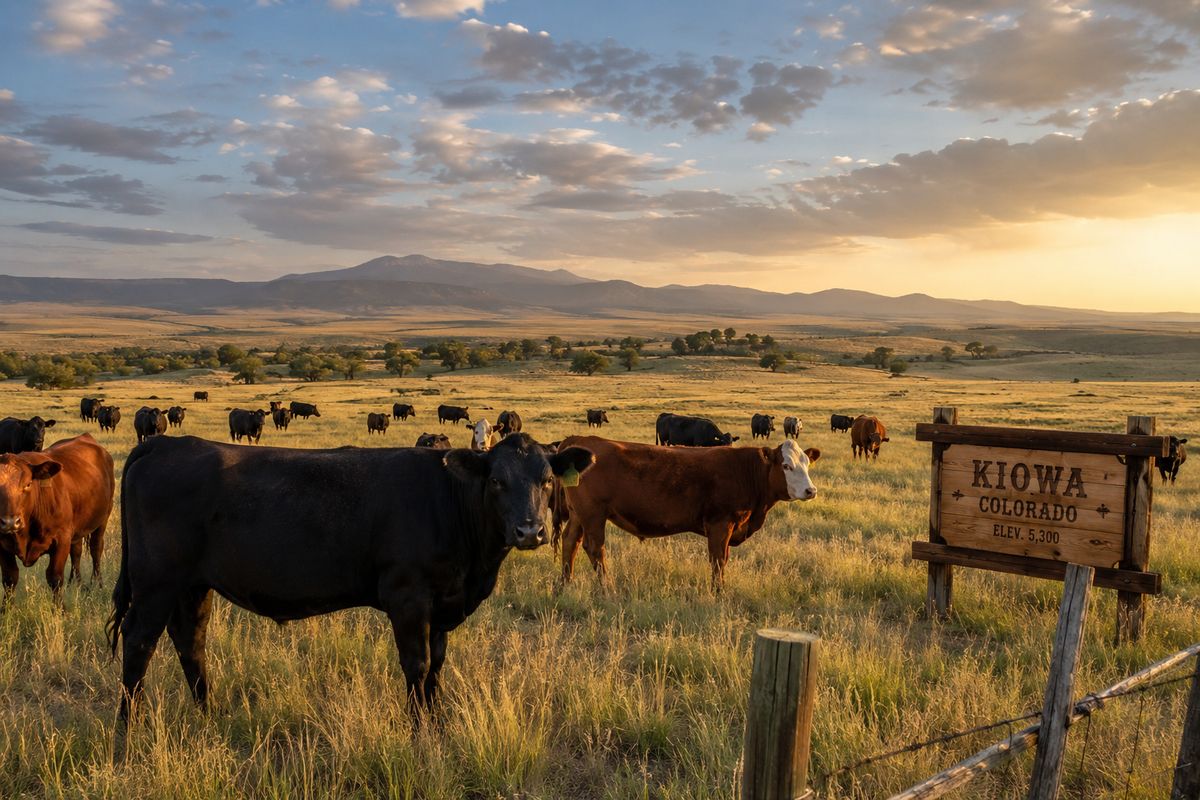Cattle grazing on open pasture at sunset near the Kiowa, Colorado sign, close to Lazy K's Ranch