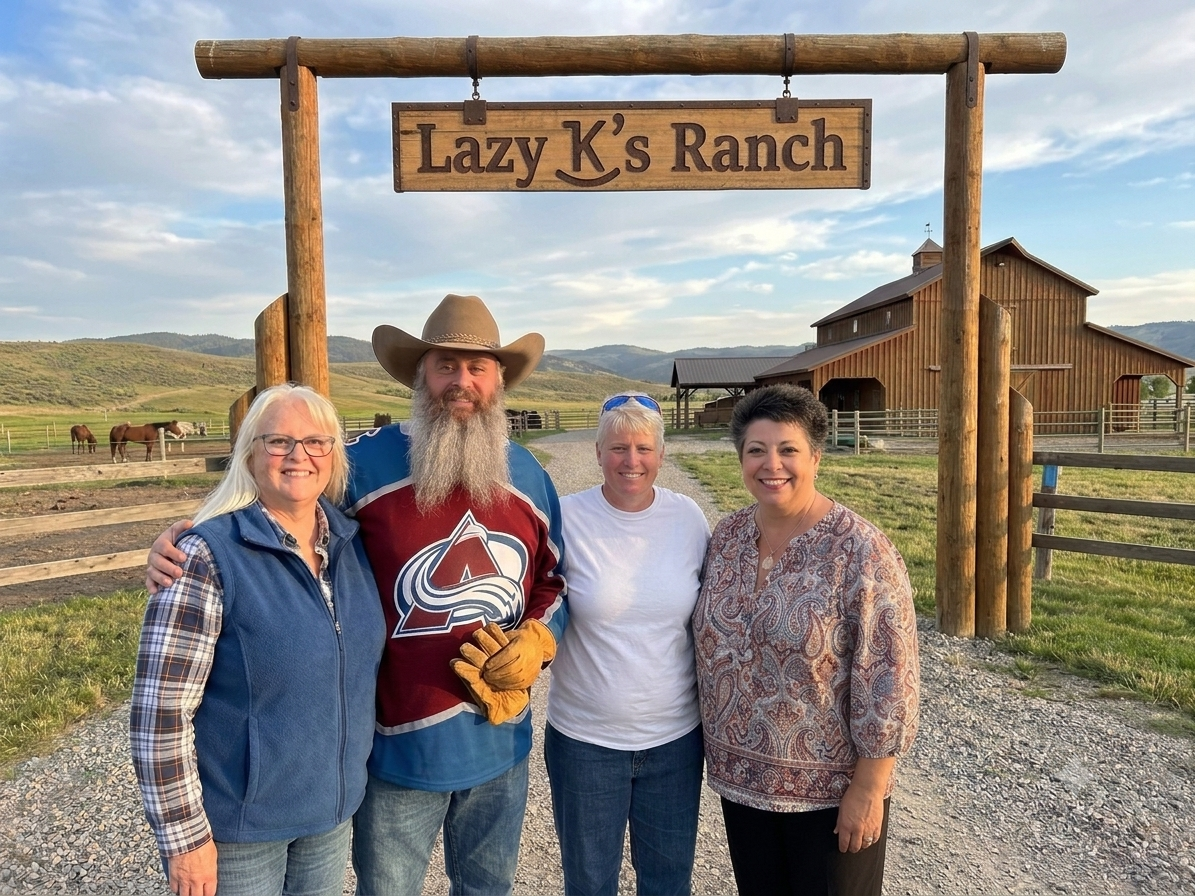 The Lazy K's Ranch crew standing beneath the ranch entrance sign in Kiowa, Colorado